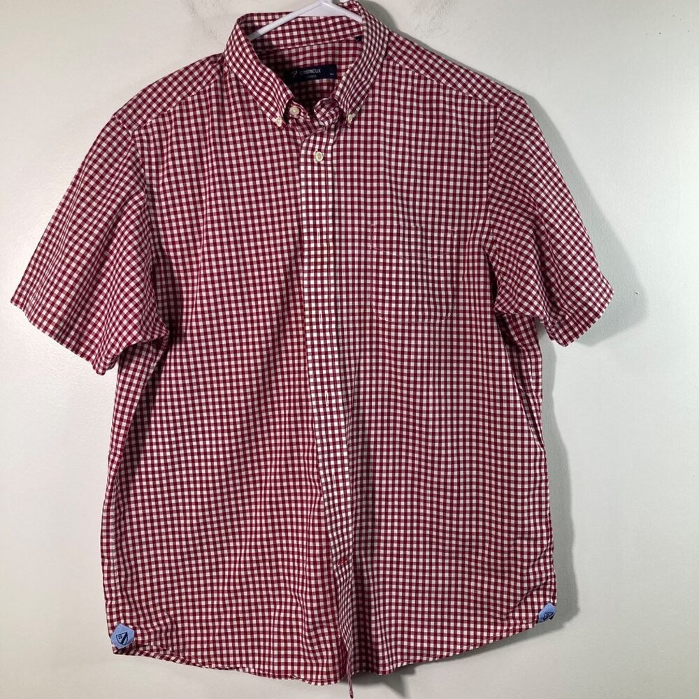Mens Cremieux Gingham‎ Button Shirt Short Sleeve Red White L Cotton
